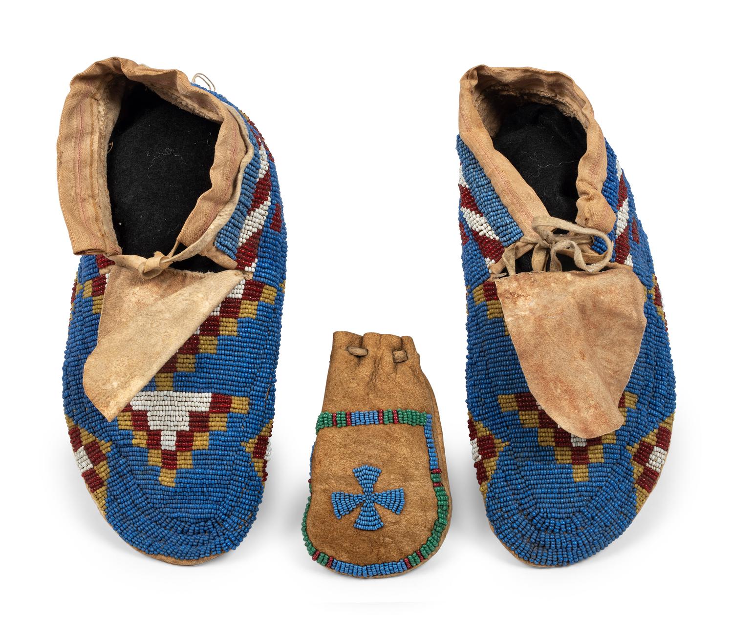 Assiniboine Beaded Hide Moccasins AND Beaded Hide Pouch