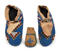 Assiniboine Beaded Hide Moccasins AND Beaded Hide Pouch