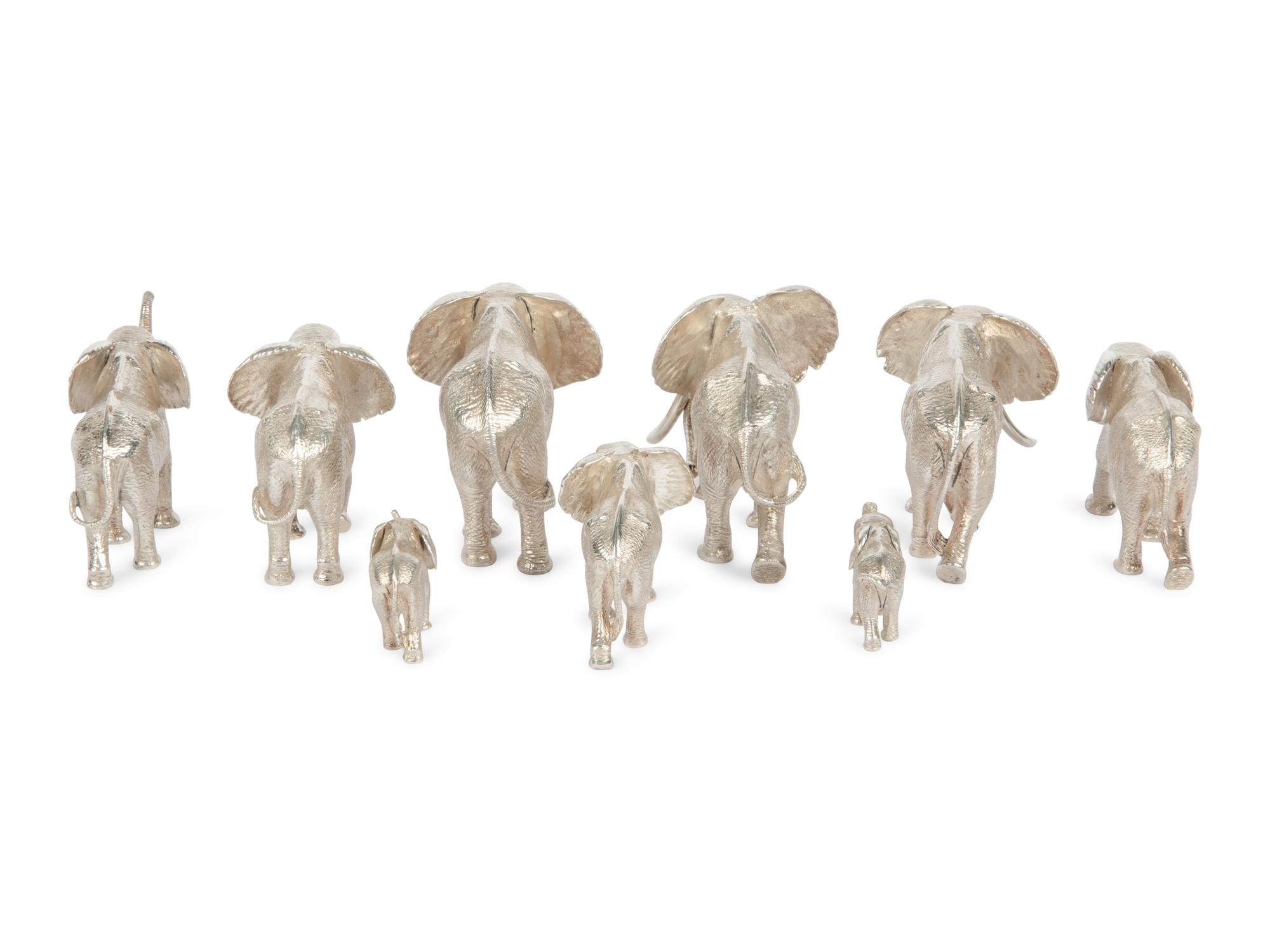A Group of Nine Patrick Mavros Silver Elephants