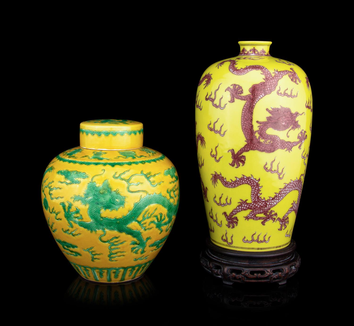Two Chinese Yellow-Ground Famille Rose Porcelain 'Dragon' Vessels