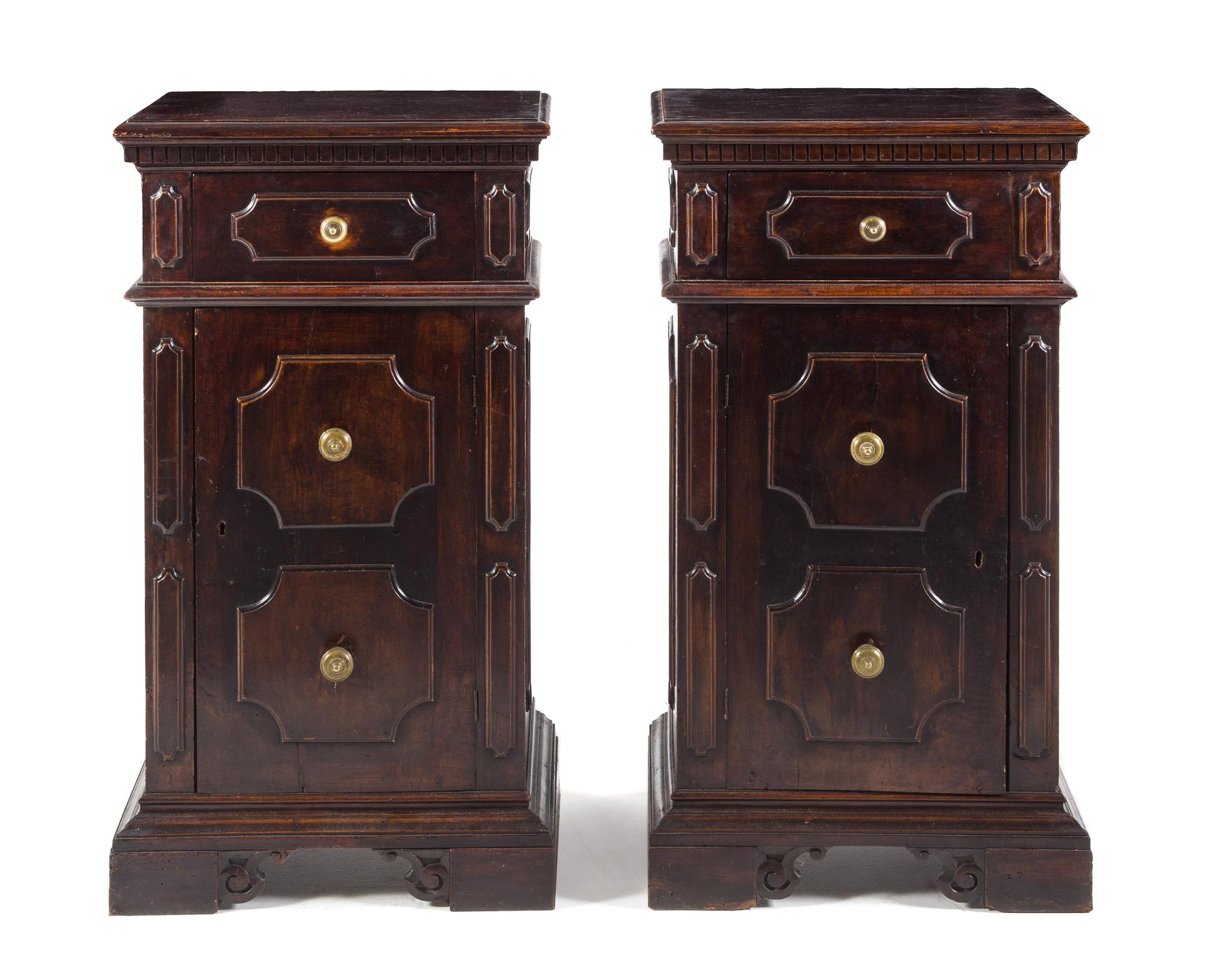 A Pair of Italian Renaissance Style Walnut Side Cabinets Height 39 1/4 x width 22 x depth 13 3/4 inches. — 19TH/20TH CENTURY