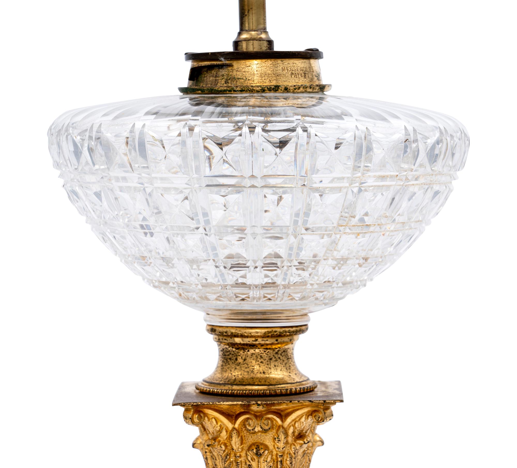 An English Gilt Metal Mounted Cut Glass Fluid Lamp Converted to Electricity