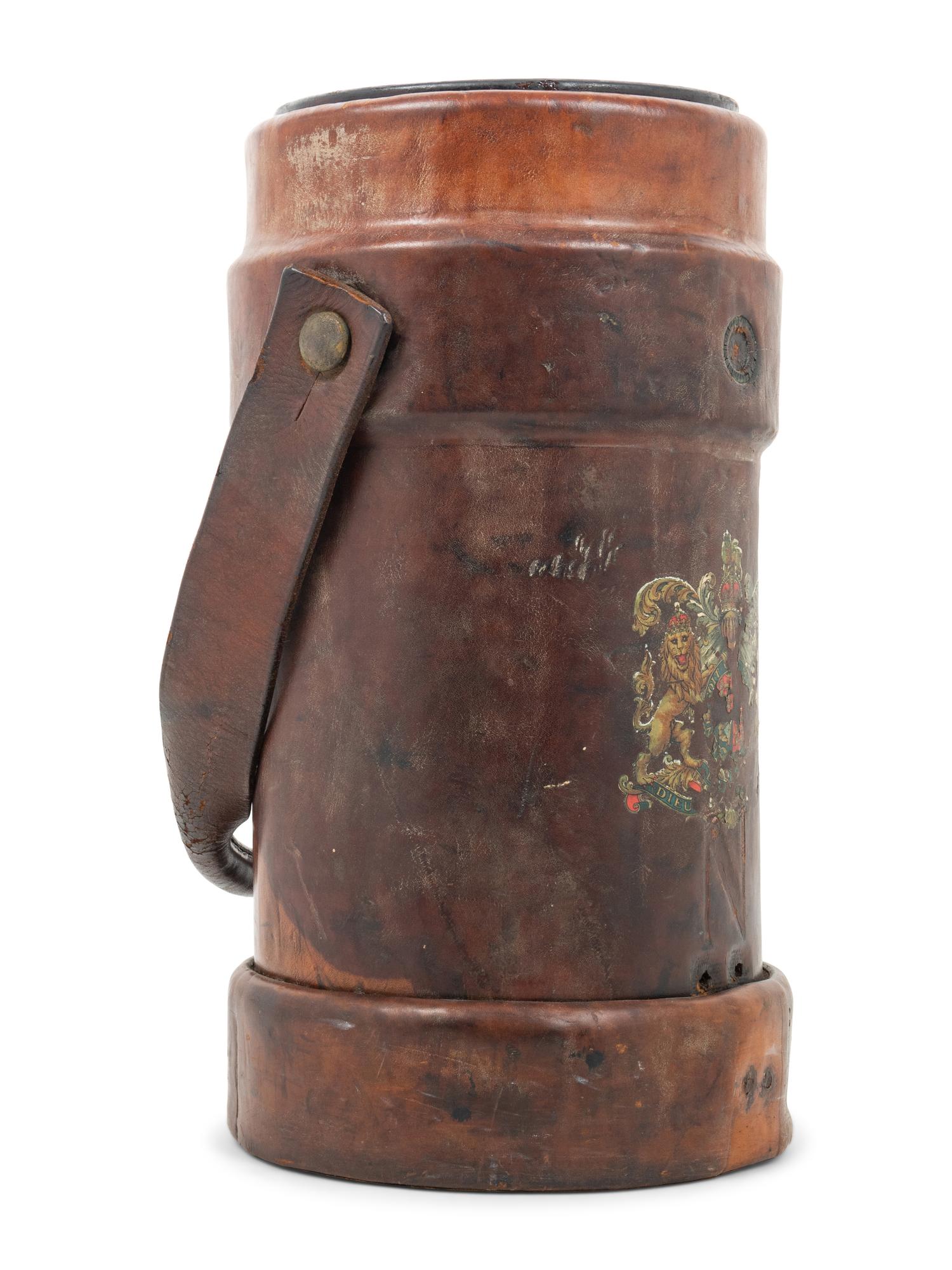 A WWI British Royal Navy Leather Artillery Bucket with an Associated American Indurated Fiber Liner