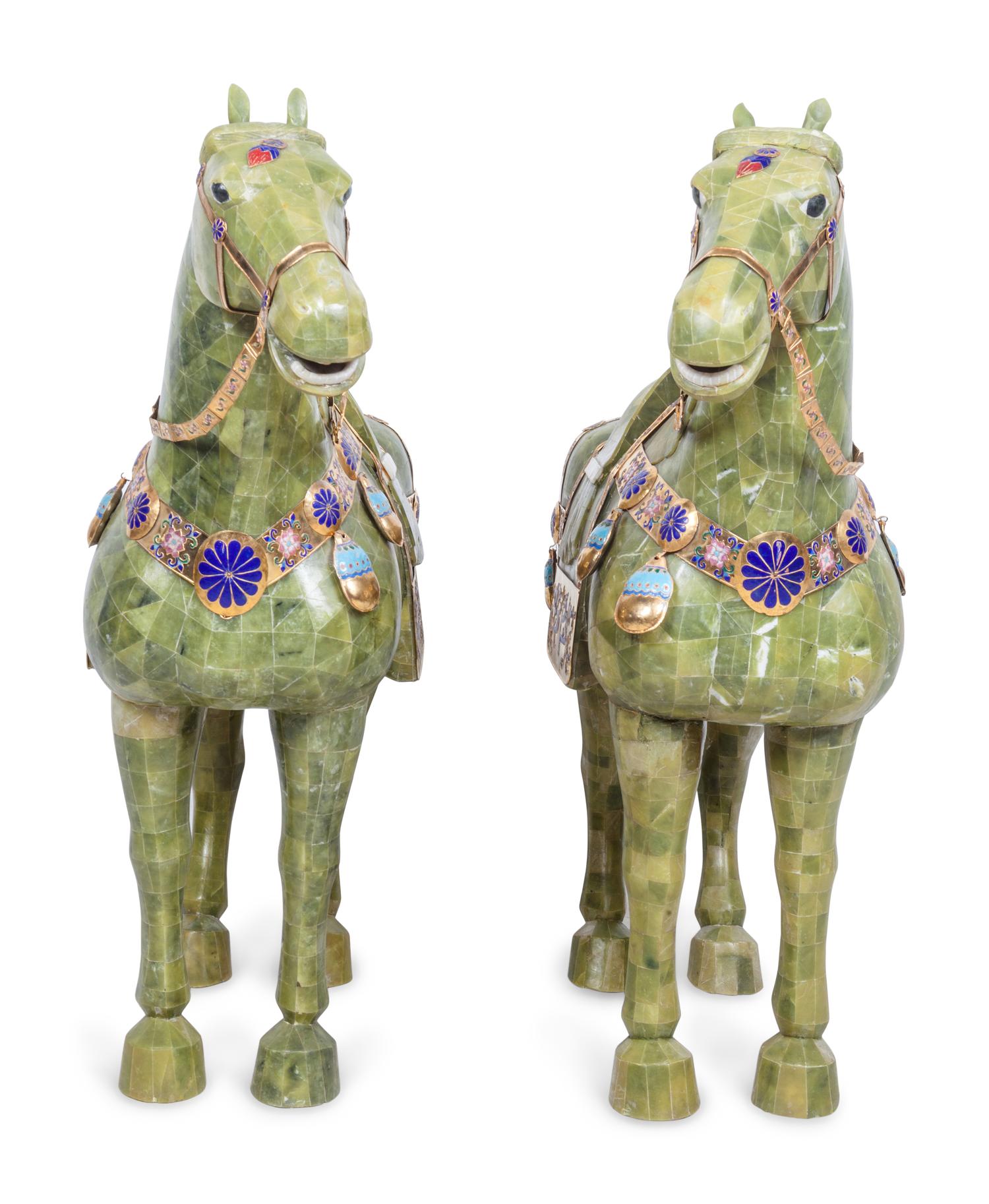 A Pair of Chinese Export Hardstone Veneered Tang Style Horses with Champlevé Decoration