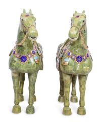 A Pair of Chinese Export Hardstone Veneered Tang Style Horses with Champlevé Decoration
