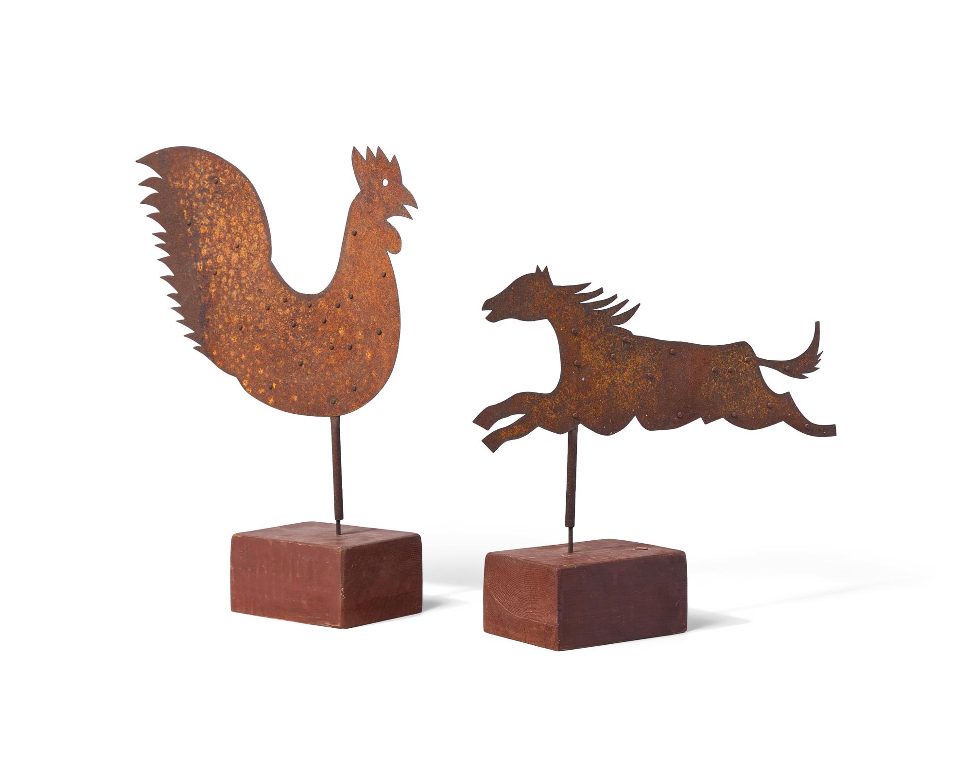 Two Sheet Iron Weathervanes: Horse and Rooster