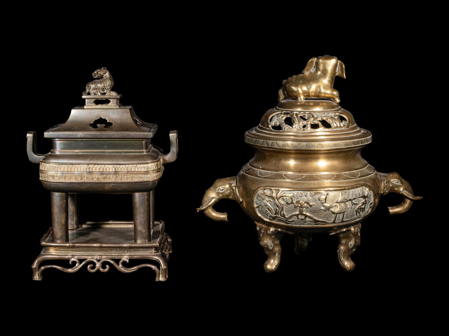 Two Japanese Metal Covered Incense Burners -- Combined with 298620/56
