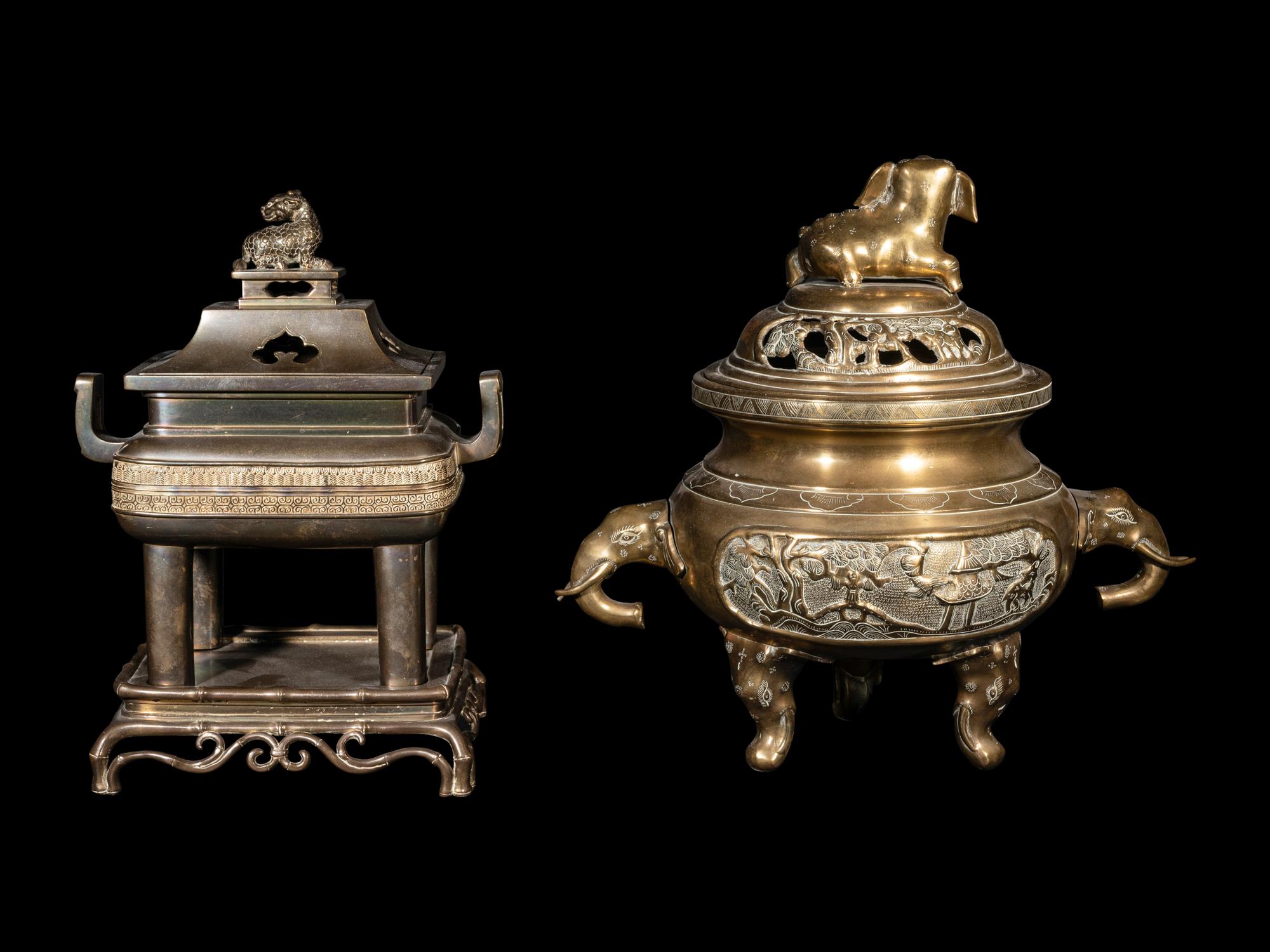 Two Japanese Metal Covered Incense Burners -- Combined with 298620/56