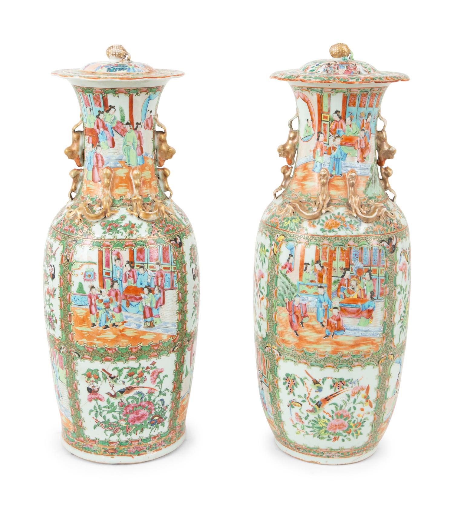 A Pair of Rose Medallion Porcelain Lidded Vases