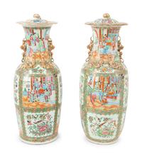 A Pair of Rose Medallion Porcelain Lidded Vases