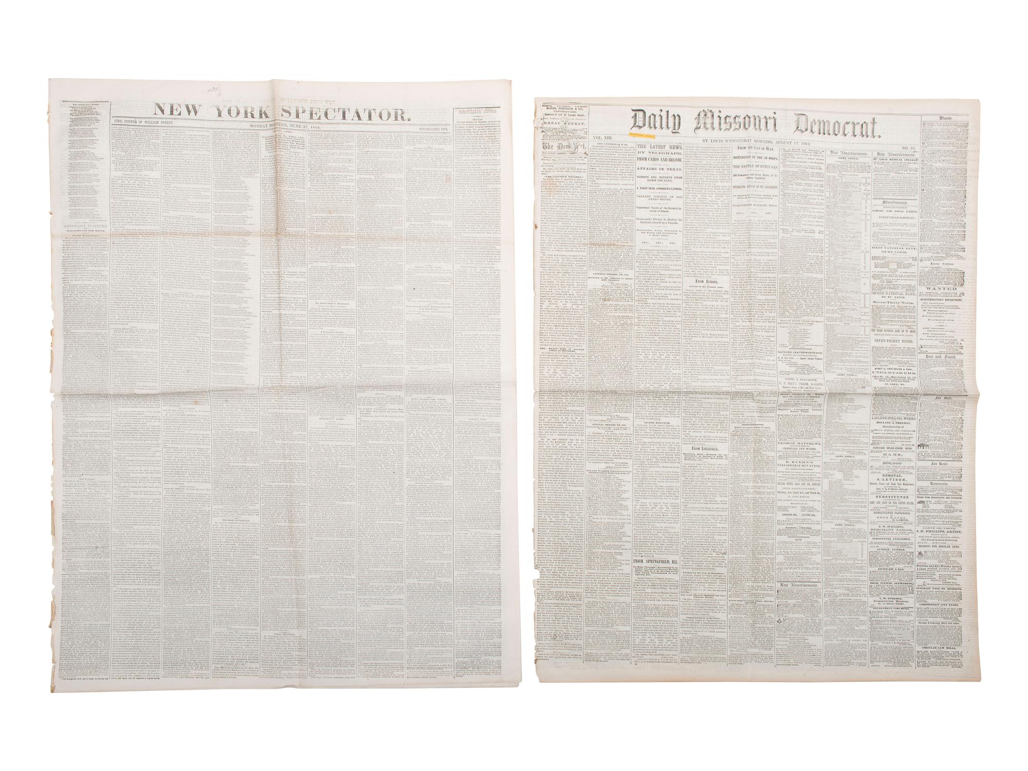 [CIVIL WAR]. A group of 7 war-date newspapers reporting on matters involving slavery and African American troops, highlighted by coverage of the 54th Massachusetts Infantry's actions at Battery Wagner. 1862-1864.