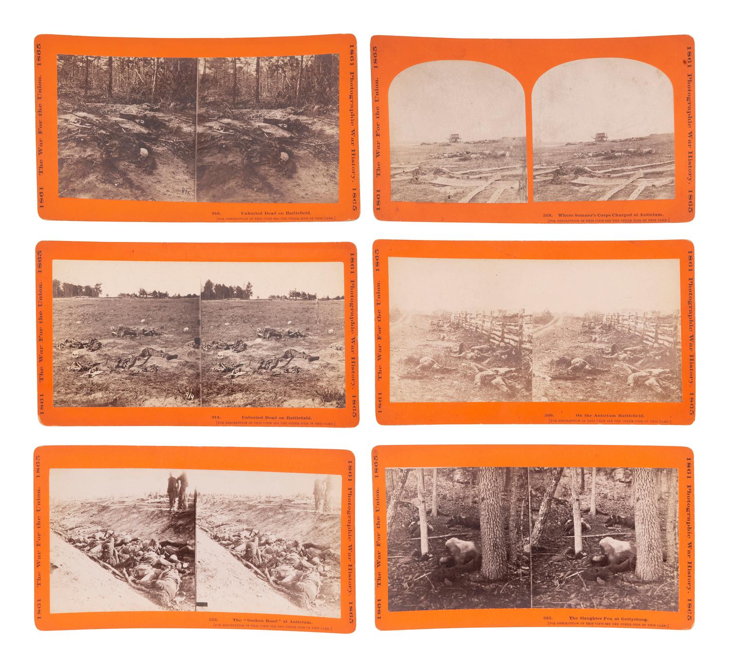 [CIVIL WAR]. A group of 12 stereoviews featuring Union and Confederate dead at Gettysburg, Antietam, and other battlefields. Hartford, CT: Taylor & Huntington, ca 1890s.