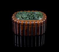 A Chinese Spinach Jade and Hardwood Oval Box JADE 18TH CENTURY Length 4 inches. — JADE 18TH CENTURY