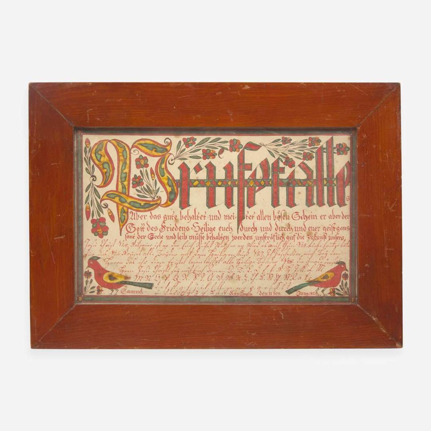 Attributed to the Oley Township Artist A Fraktur: Vorschrift for Samuel Kauffman, dated "11 June 1825"