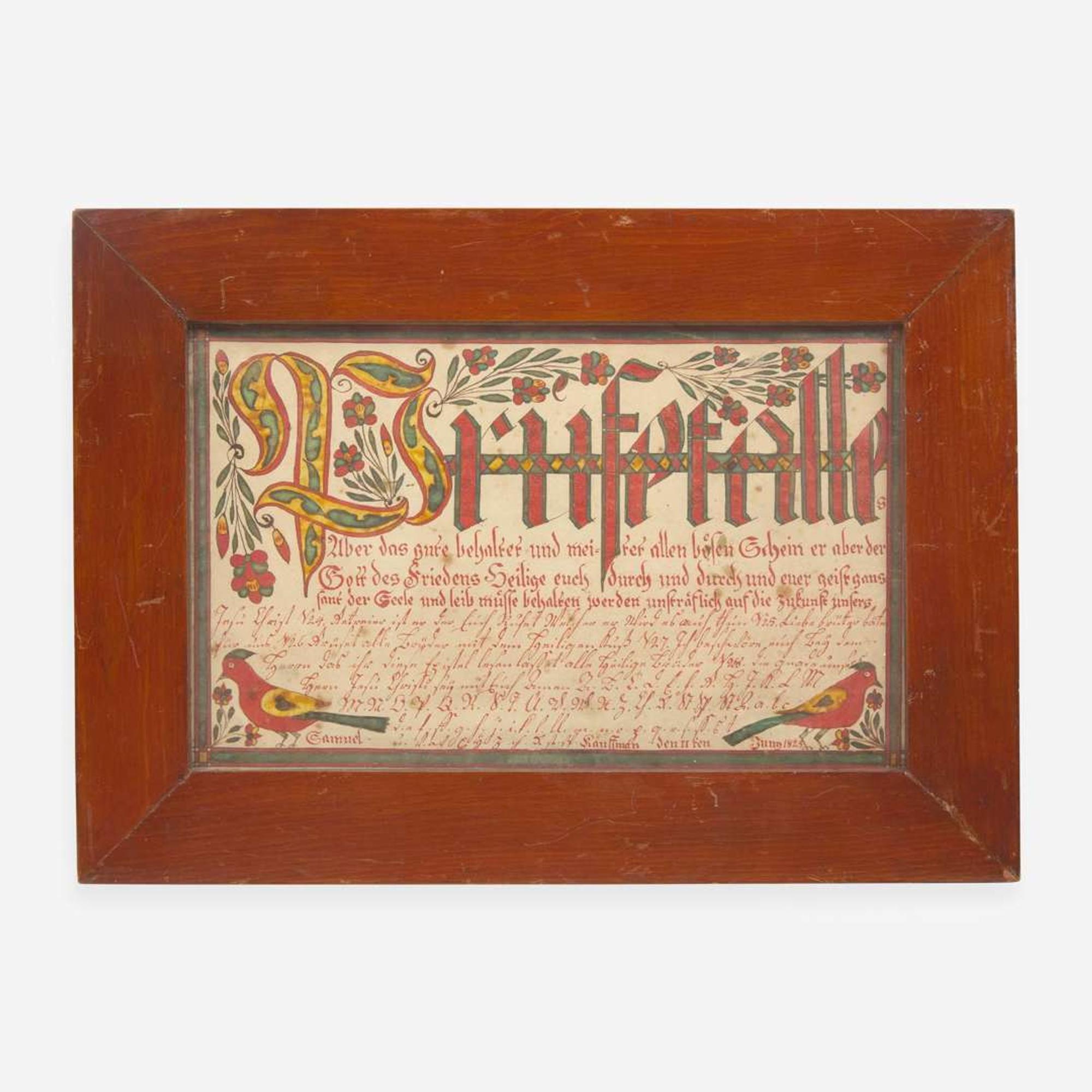 Attributed to the Oley Township Artist A Fraktur: Vorschrift for Samuel Kauffman, dated "11 June 1825"
