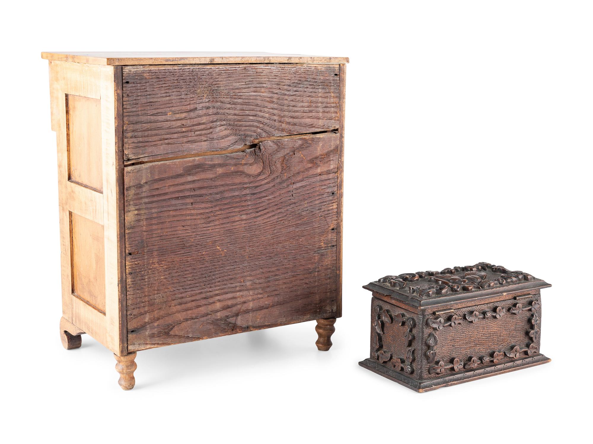 A Miniature Classical Chest of Drawers and Carved Box