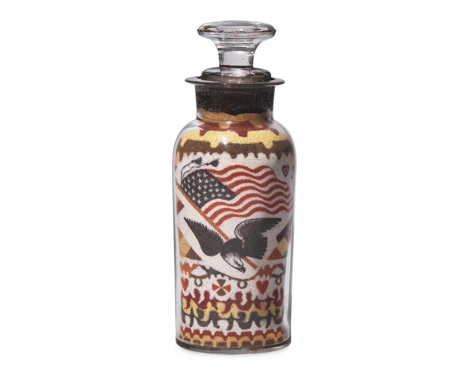 A Sand Art Bottle, Andrew Clemens (1857-1894), McGregor, Iowa, Dated "1877"