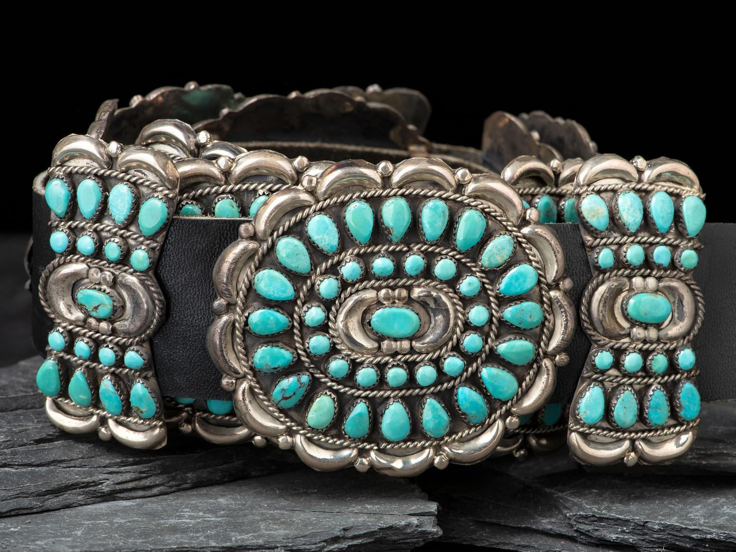 Sterling Silver and Turquoise Cluster Concha Belt