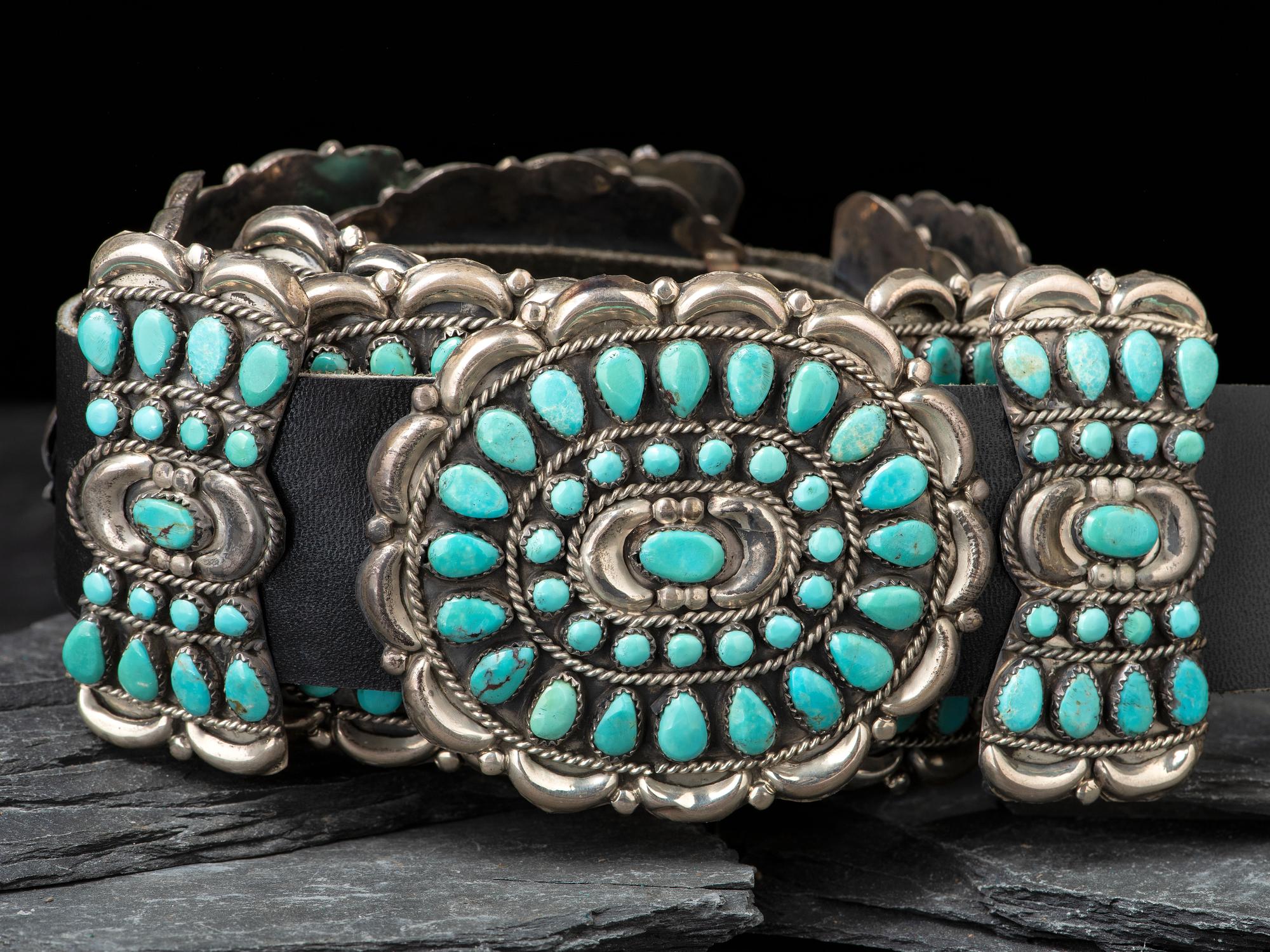Sterling Silver and Turquoise Cluster Concha Belt