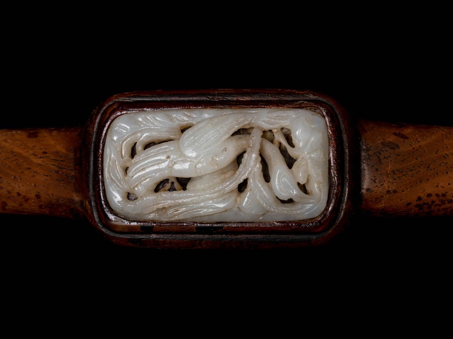 A Chinese White Jade Inset Hardwood Ruyi Scepter