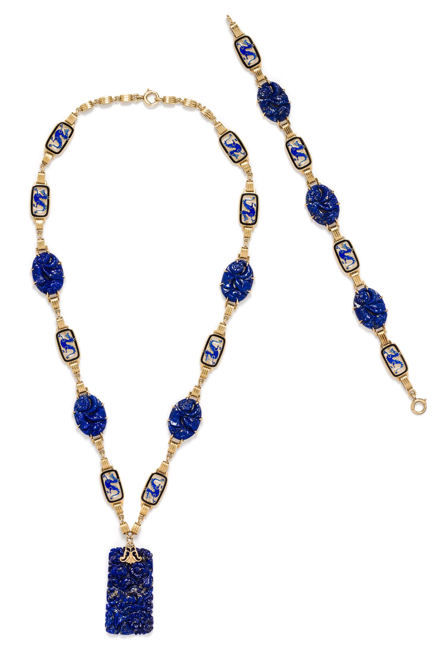 An Art Deco Yellow Gold, Lapis Lazuli and Polychrome Enamel Demi Parure, 31.00 dwts.