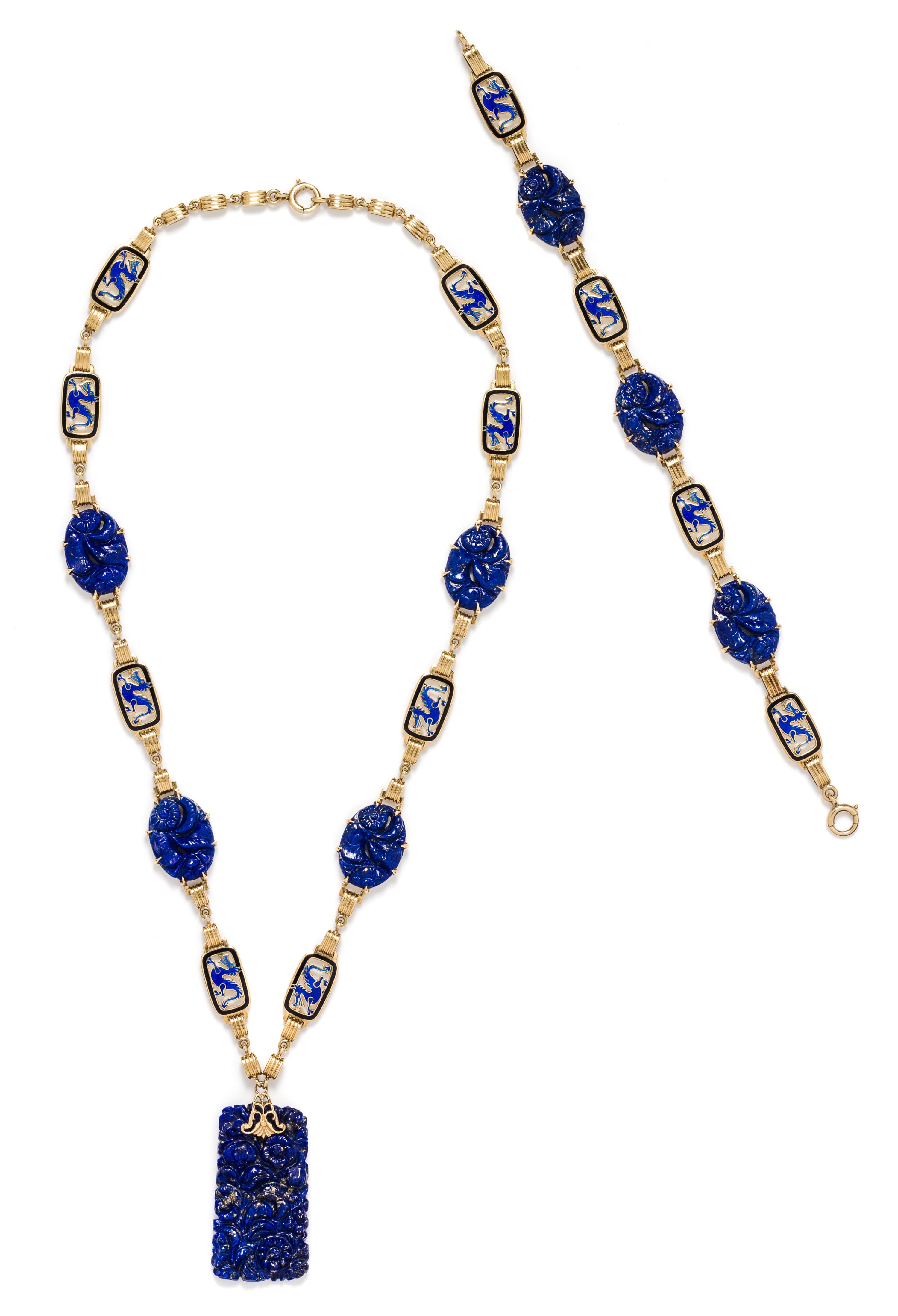 An Art Deco Yellow Gold, Lapis Lazuli and Polychrome Enamel Demi Parure, 31.00 dwts.
