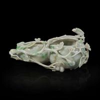 A Chinese carved jadeite double gourd brushwasher 翡翠葫芦笔洗