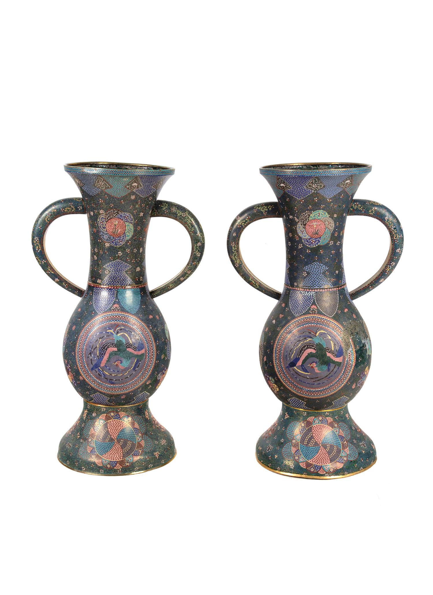 A Large Pair of Japanese Cloisonne Enamel Vases