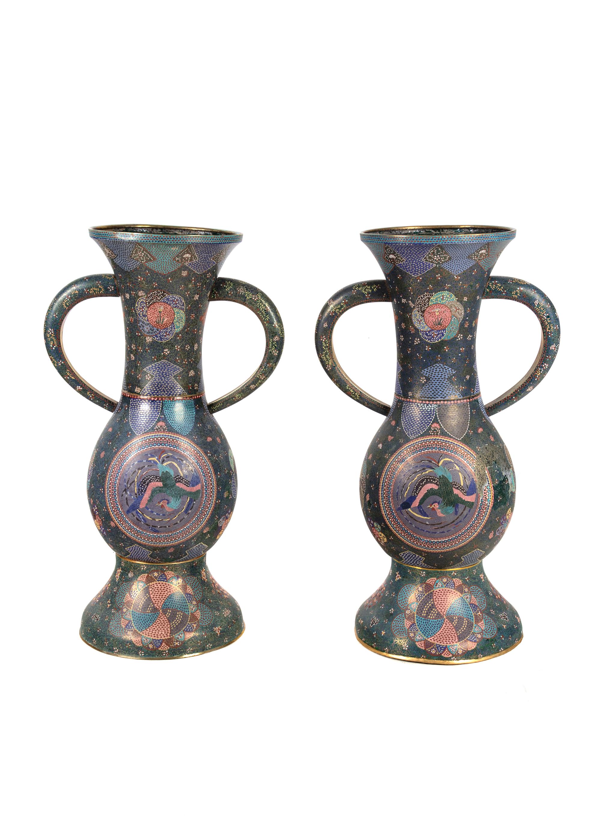 A Large Pair of Japanese Cloisonne Enamel Vases