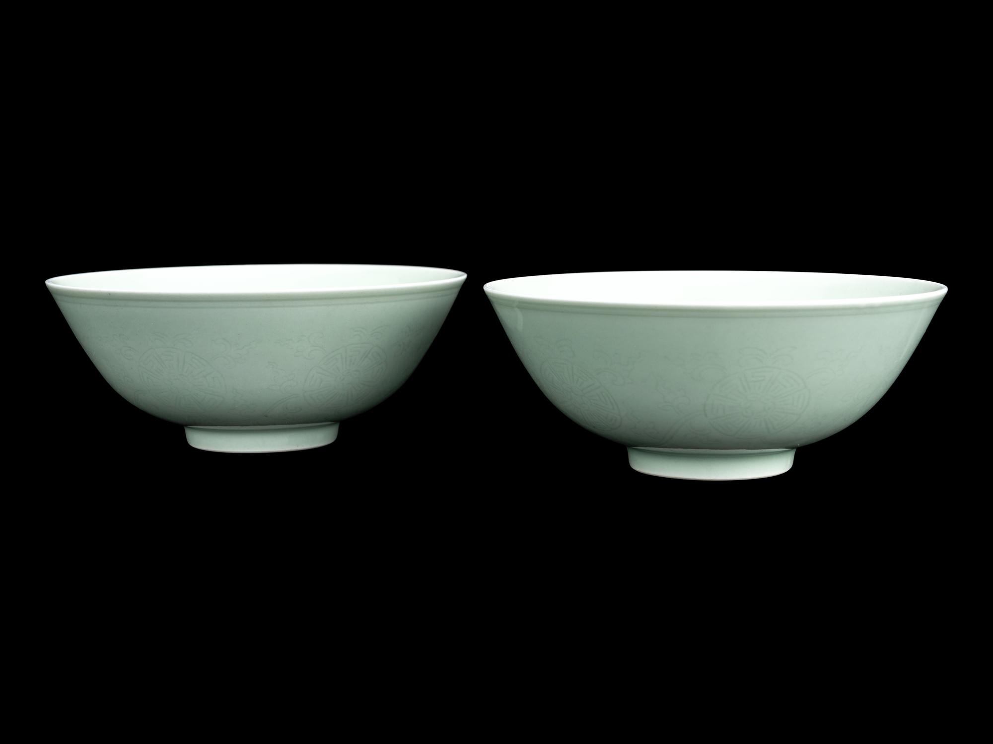 A Pair of Incised Celadon Glazed Porcelain Bowls