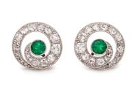 ANTIQUE, EMERALD AND DIAMOND SWIRL EARRINGS