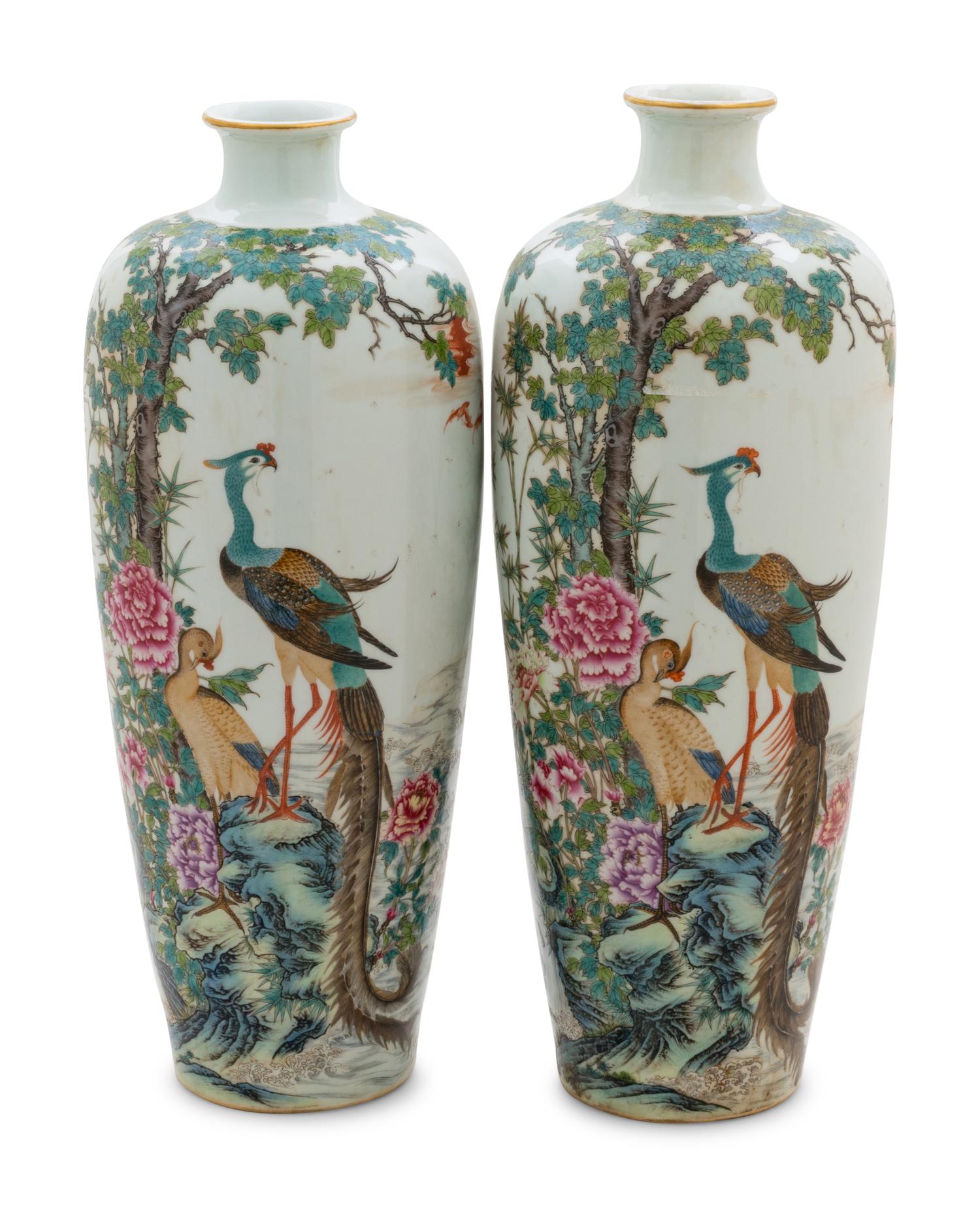 A Pair of Chinese Famille Rose Porcelain Vases, Meiping