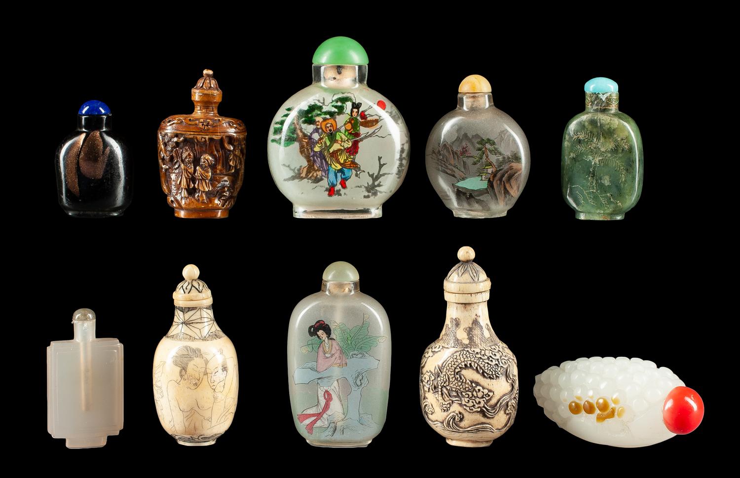 Ten Chinese Snuff Bottles Height of tallest 3 inches.