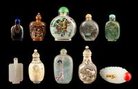 Ten Chinese Snuff Bottles Height of tallest 3 inches.