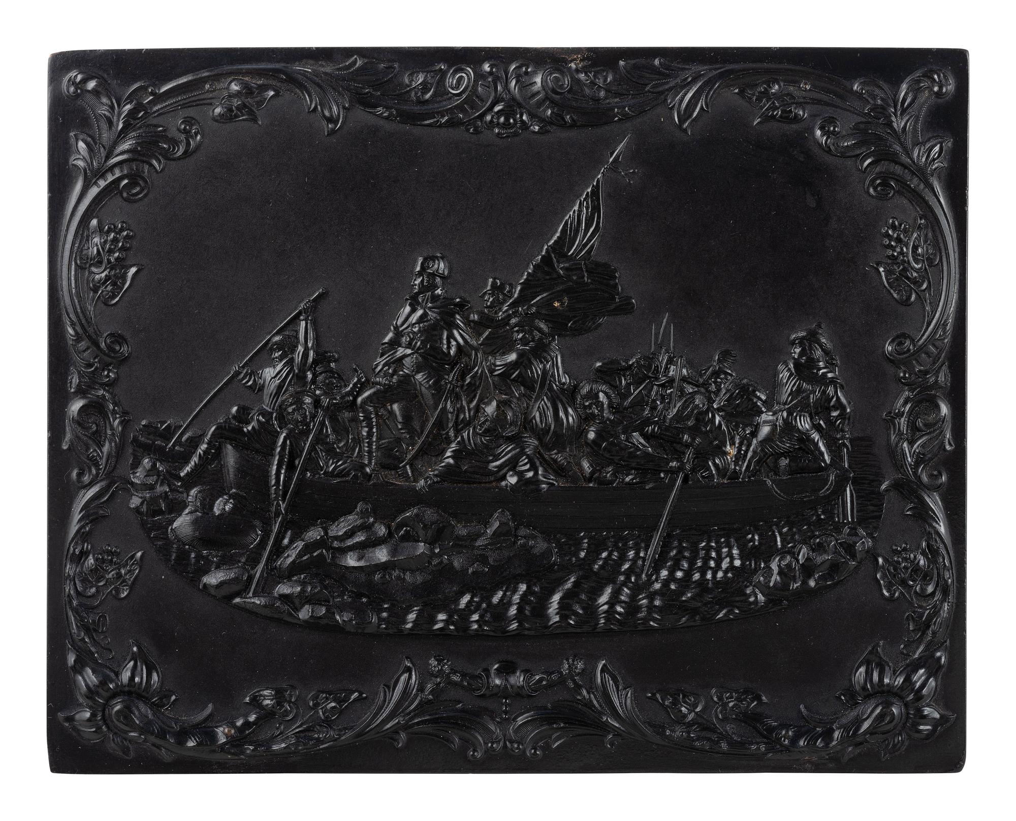 [EARLY PHOTOGRAPHY]. Washington Crossing the Delaware . Whole plate Union case containing tintype.