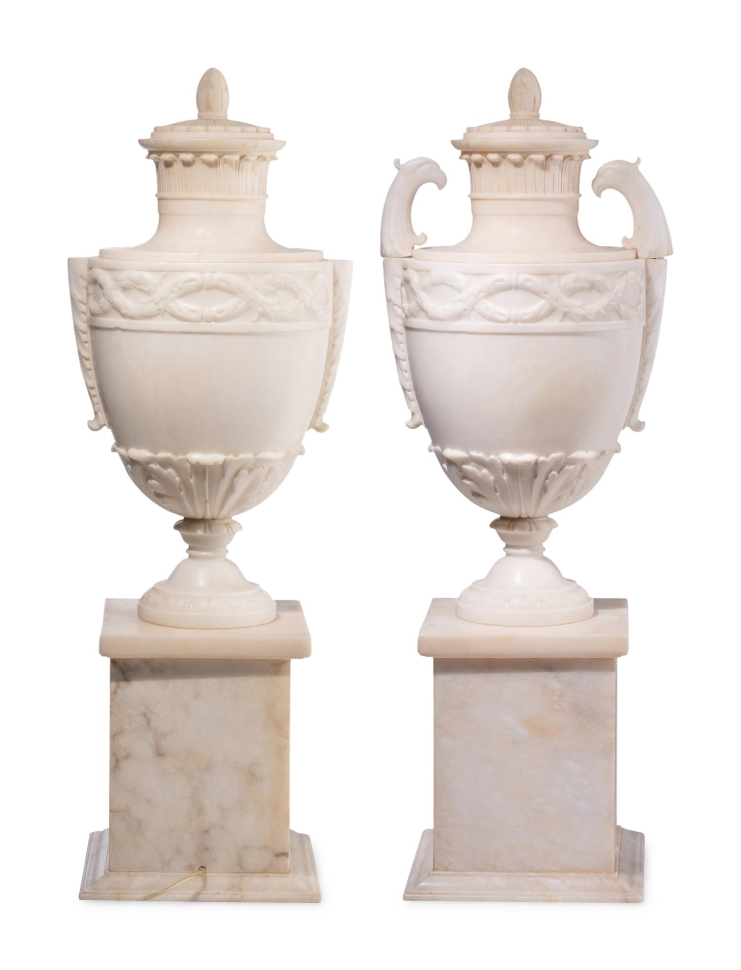A Pair of Italian Alabaster Urns and Covers