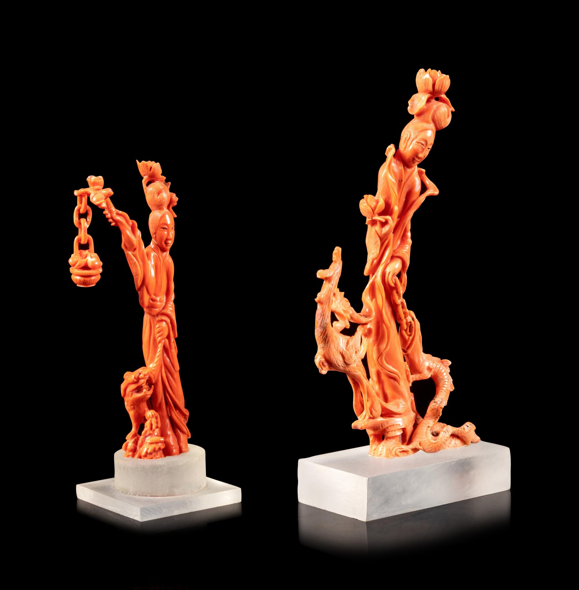 Two Carved Coral Lady's Figures