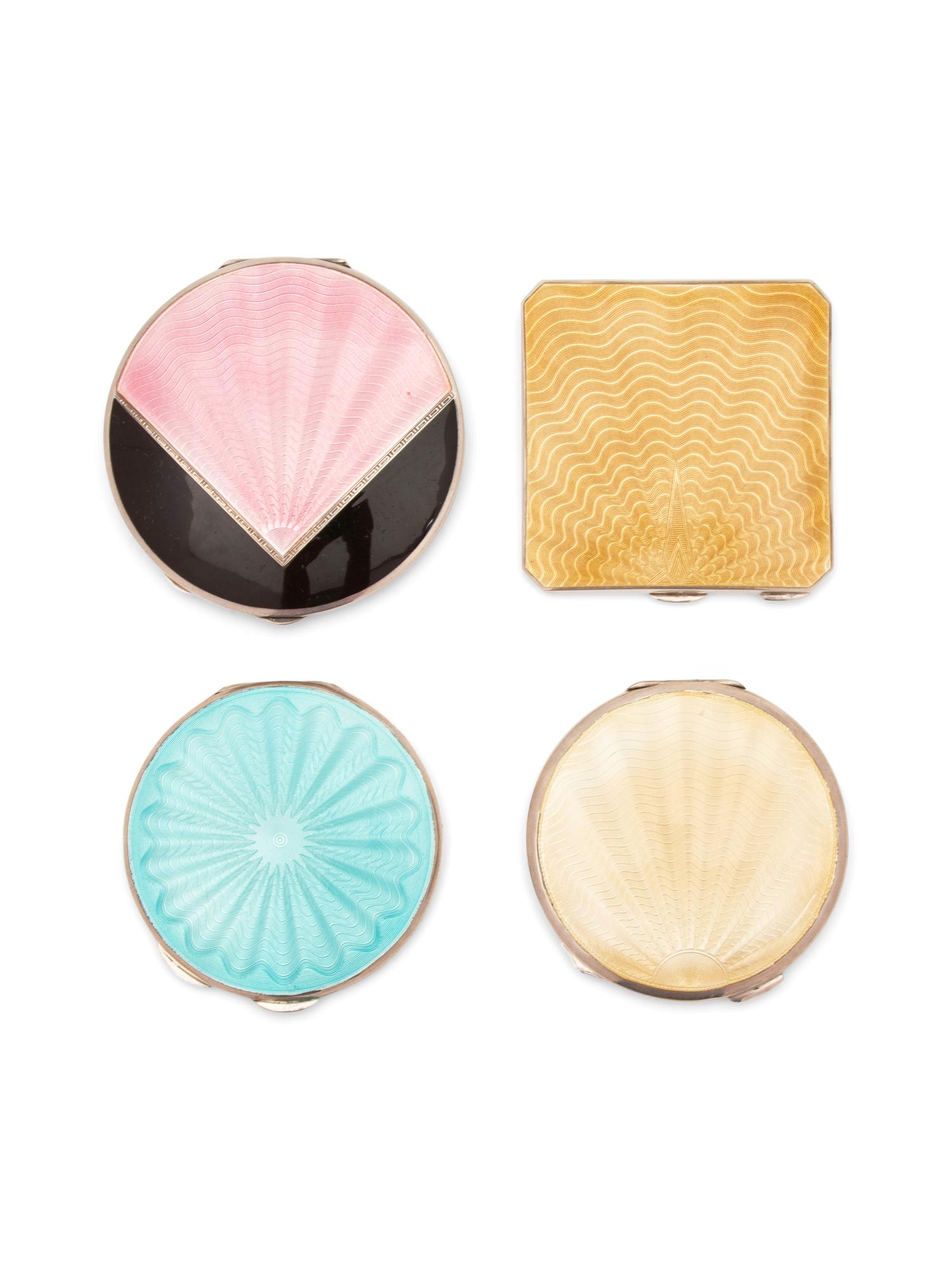Four English Art Deco Guilloche Enamel Silver Compacts