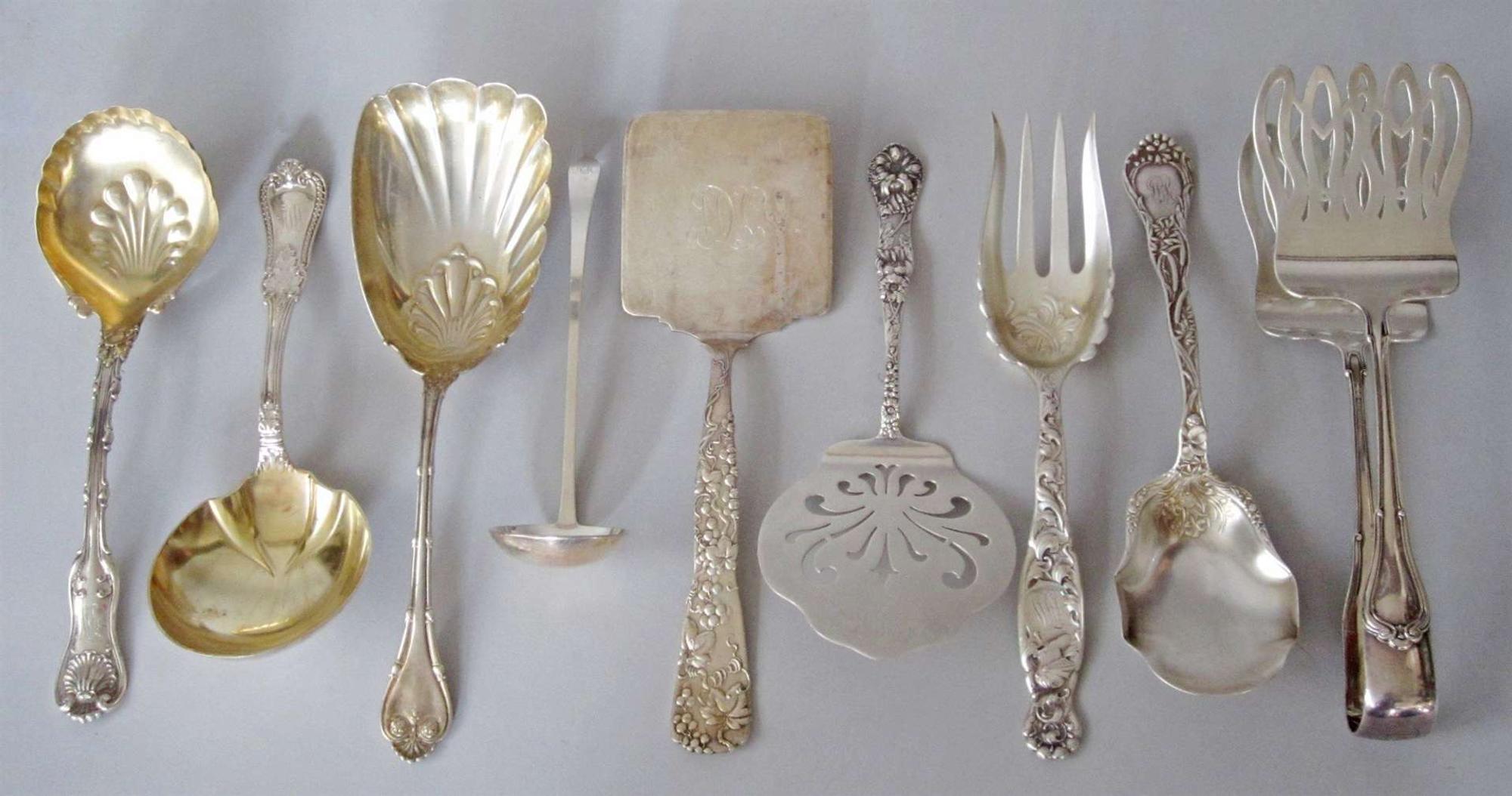Group of sterling serving pieces gorham corporation, tiffany & co., whiting mfg. co., and others, 19th/20th century
