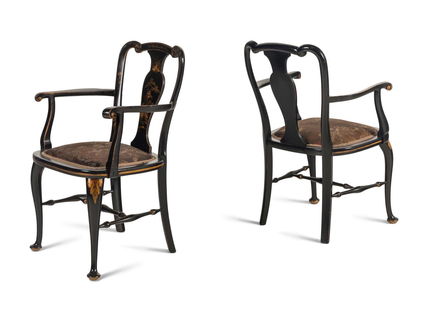 A Pair of Queen Anne Style Black Japanned Armchairs