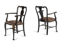 A Pair of Queen Anne Style Black Japanned Armchairs