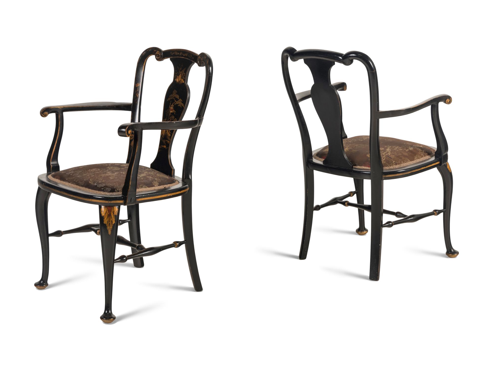 A Pair of Queen Anne Style Black Japanned Armchairs