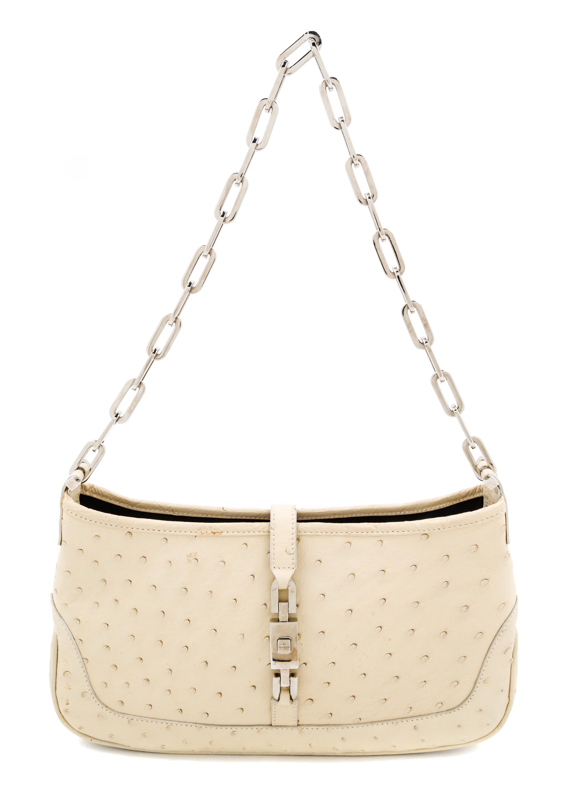 A Gucci Beige Ostrich Handbag, 10" x 5.5" x 1.5"; Strap drop: 10.