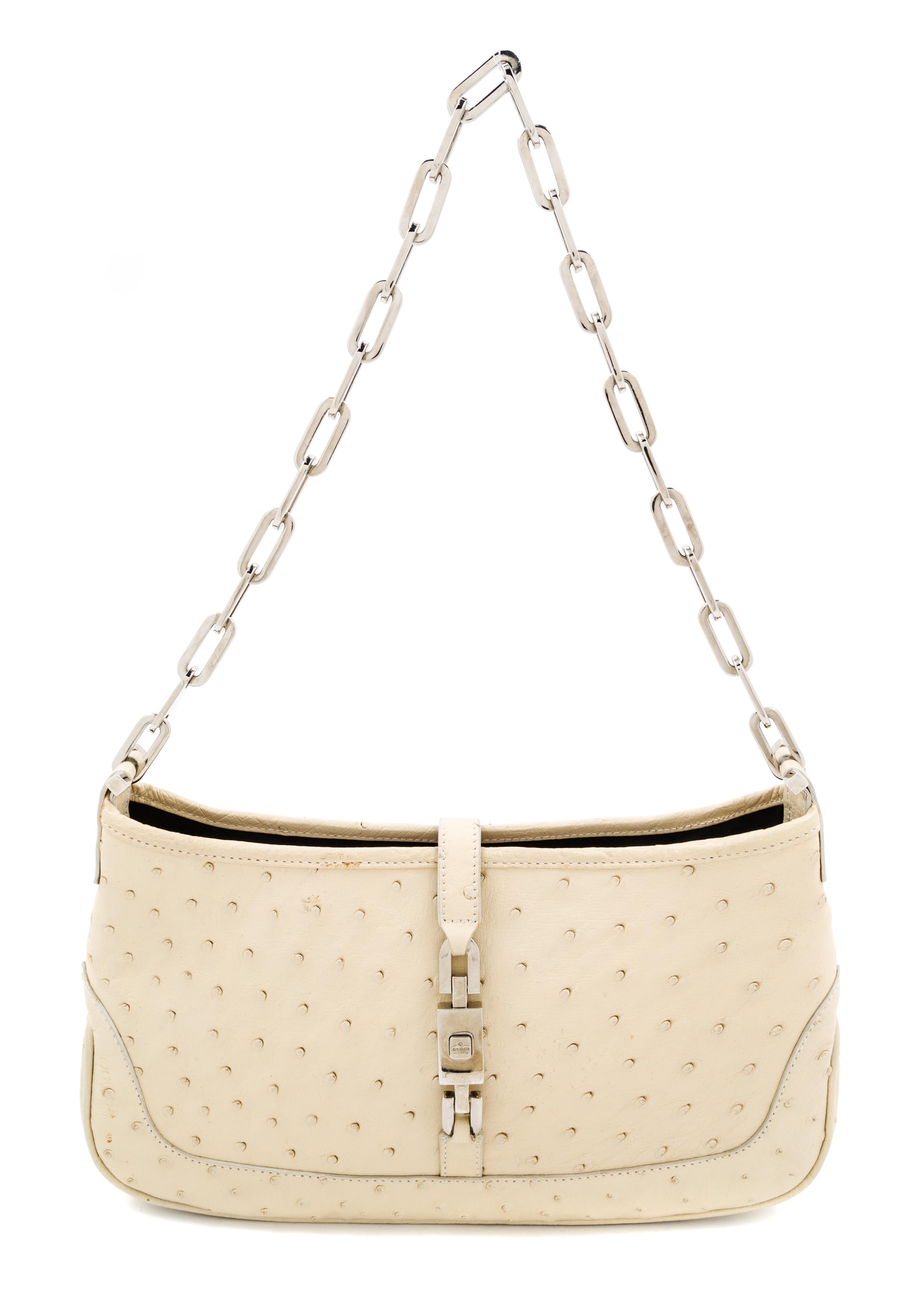 A Gucci Beige Ostrich Handbag, 10" x 5.5" x 1.5"; Strap drop: 10.