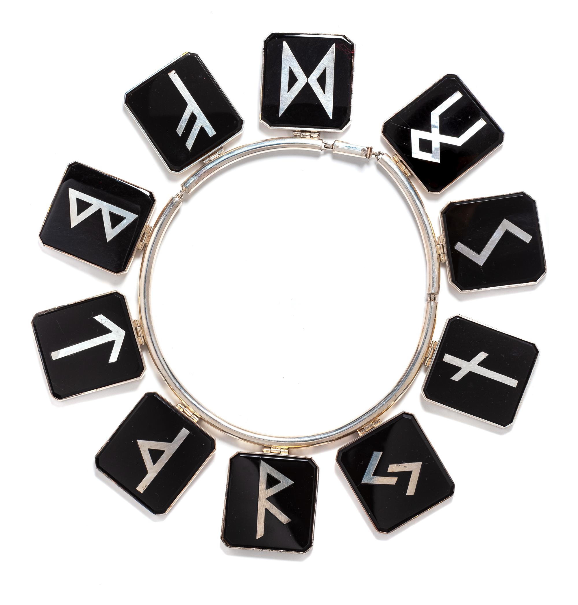 A Silver and Onyx Celtic Rune Collar Necklace, Georgina Ward,
