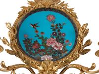 A Pair of Louis XVI Style Gilt Bronze and Cloisonné Charger-Inset Two-Light Sconces