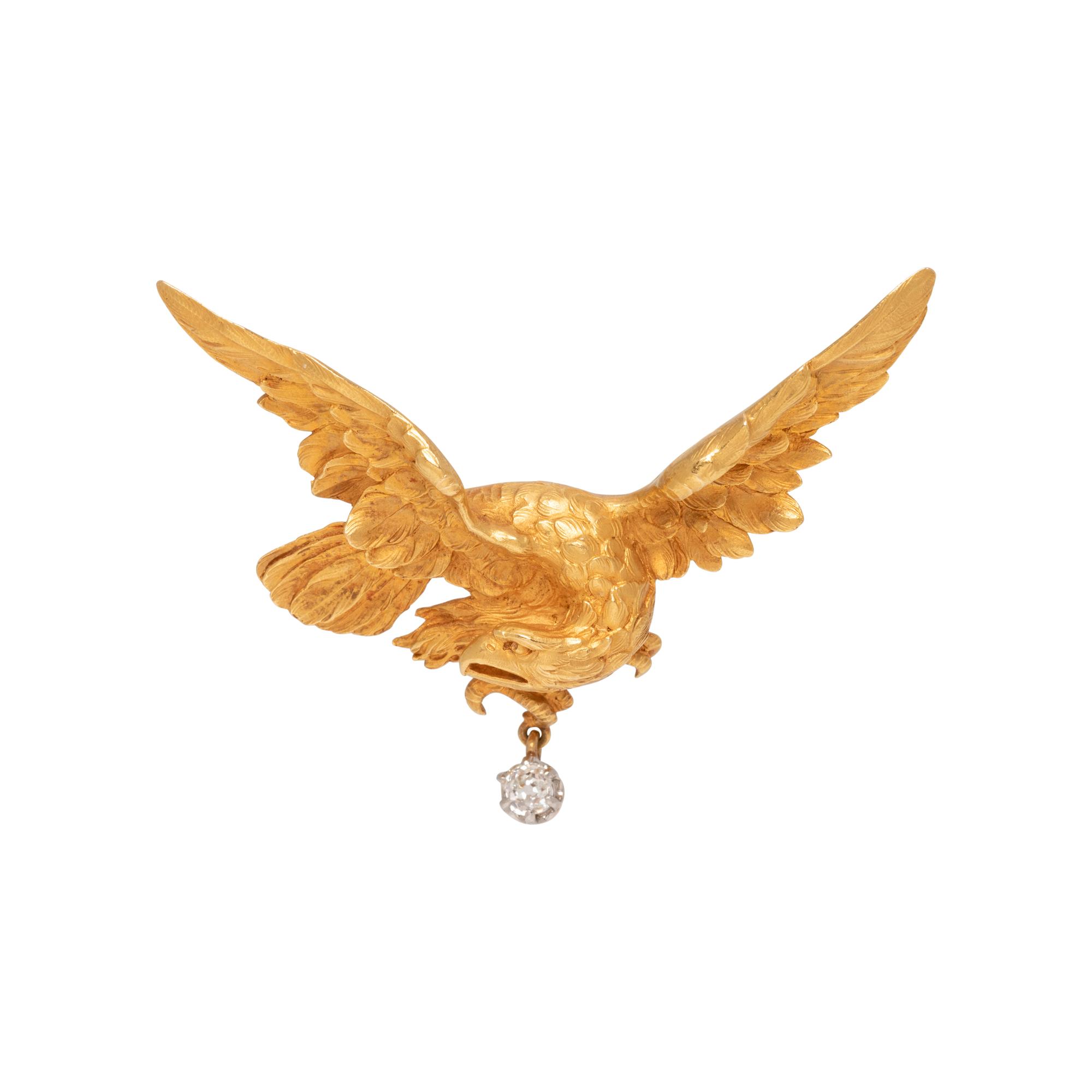 FRENCH, ANTIQUE, YELLOW GOLD AND DIAMOND EAGLE BROOCH