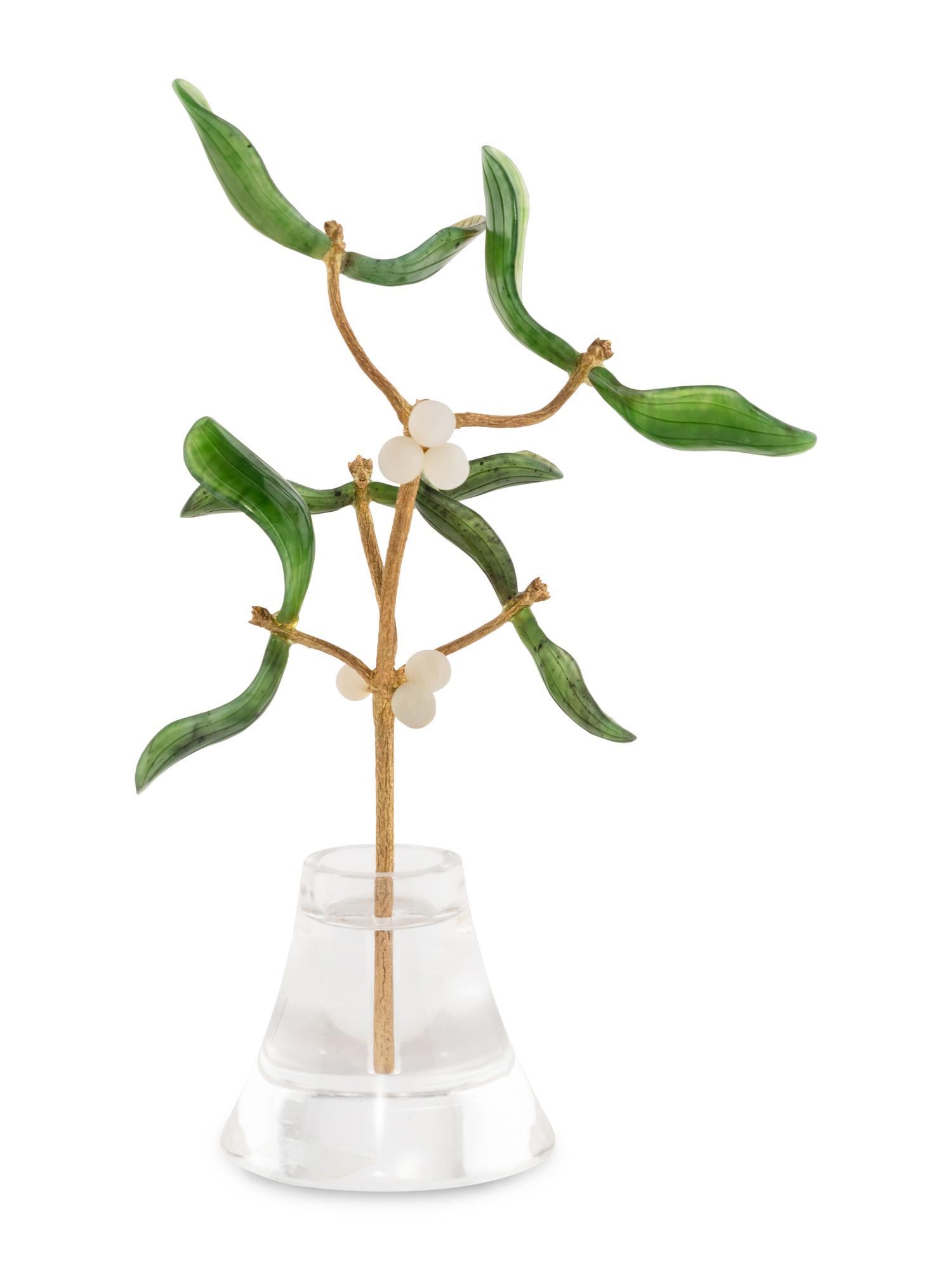 A Manfred Wild and Emil Becker Carved Rock Crystal, Nephrite and Hardstone Mistletoe Flower Study