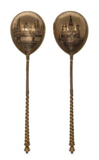 Two Russian Niello Silver Spoons, Mark of Z. Lukachini, assay mark of Aleksandr Skvronsky, Moscow, 1894, each having a twist stem, the