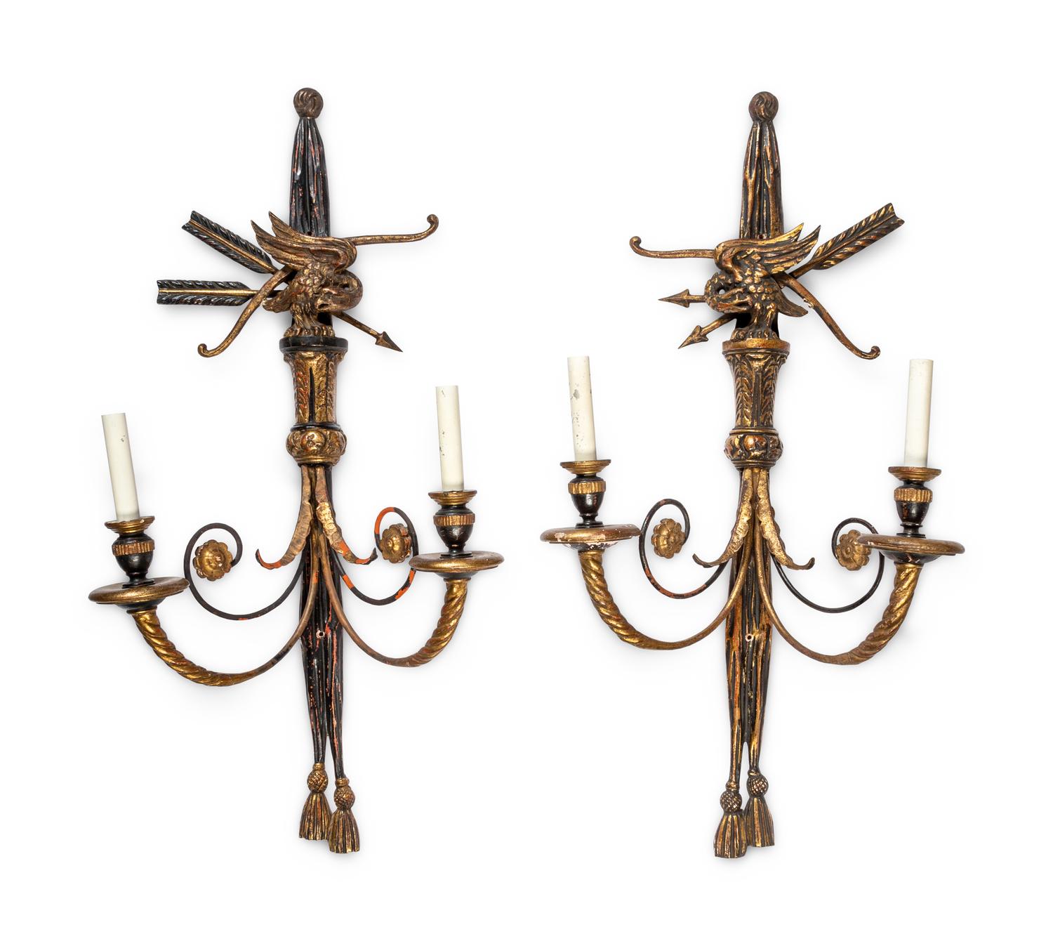 A Pair of Italian Painted and Giltwood Two-Light Sconces